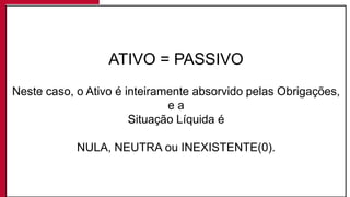 ATIVO = PASSIVO
Neste caso, o Ativo é inteiramente absorvido pelas Obrigações,
e a
Situação Líquida é
NULA, NEUTRA ou INEXISTENTE(0).
 