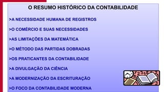 6
O RESUMO HISTÓRICO DA CONTABILIDADE
>A NECESSIDADE HUMANA DE REGISTROS
>O COMÉRCIO E SUAS NECESSIDADES
>AS LIMITAÇÕES DA MATEMÁTICA
>O MÉTODO DAS PARTIDAS DOBRADAS
>OS PRATICANTES DA CONTABILIDADE
>A DIVULGAÇÃO DA CIÊNCIA
>A MODERNIZAÇÃO DA ESCRITURAÇÃO
>O FOCO DA CONTABILIDADE MODERNA
 