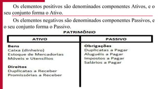 Os elementos positivos são denominados componentes Ativos, e o
seu conjunto forma o Ativo.
Os elementos negativos são denominados componentes Passivos, e
o seu conjunto forma o Passivo.
64
 