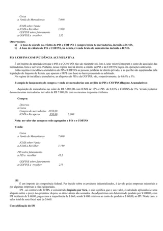 Caixa
       a Venda de Mercadorias               7.000

         ICMS sobre Venda
       a ICMS a Recolher                    1.900
         COFINS sobre faturamento
       a COFINS a recolher                  532

Observações:
   a) A base de cálculo do crédito do PIS e COFINS é compra bruta de mercadorias, incluído o ICMS.
   b) A base de cálculo do PIS e COFINS, na venda, é venda bruta de mercadorias incluído o ICMS.


PIS E COFINS COM INCIDÊNCIA ACUMULATIVA

     É um regime de apuração em que o PIS e a CONFINS não são recuperáveis, isto é, seus valores integram o custo de aquisição das
mercadorias, bens e serviços. Portanto, nesse regime não há direito a crédito do PIS e da COFINS pagos em operações anteriores.
     Estão sujeitas à incidência cumulativa do PIS e COFINS as pessoas jurídicas de direito privado, e as que lhe são equiparadas pela
legislação do Imposto de Renda, que apurem o IRPJ com base no lucro presumido ou arbitrado.
     No regime de incidência cumulativa, as alíquotas do PIS e da COFINS, são, respectivamente, de 0,65% e 3%.

    Exemplo de lançamento de compra e venda de mercadorias sem crédito de PIS e COFINS (Regime Acumulativo):

       Aquisição de mercadorias no valor de R$ 5.000,00 com ICMS de 17% e PIS de 0,65% e COFINS de 3%. Venda posterior
dessas mesmas mercadorias no valor de R$ 7.000,00, com os mesmos impostos e tributos

       Compra:

         Diversos
       a Caixa
         Compra de mercadorias 4150,00
         ICMS a Recuperar       850,00              5.000

    Nota: no valor das compras estão agregados o PIS e o COFINS

    Venda:

         Caixa
       a Venda de Mercadorias               7.000

         ICMS sobre Venda
       a ICMS a Recolher                    1.190

       PIS sobre faturamento
       a PIS a recolher                     45,5

         COFINS sobre faturamento
       a COFINS a recolher                  210




    IPI
         É um imposto de competência federal. Por incidir sobre os produtos industrializados, é devido pelas empresas industriais e
por algumas empresas a elas equiparadas.
          IPI , ao contrário do ICMS, é considerado imposto por fora, o que significa que o seu valor, é calculado aplicando-se uma
alíquota sobre o preço dos produtos; depois, os dois valores são somados. Ao adquirirmos um determinado produto por $ 600,00, com
IPI incidente de $ 60,00, pagaremos a importância de $ 660, sendo $ 600 relativos ao custo do produto e $ 60,00, ao IPI. Neste caso, o
valor total da nota fiscal será de $ 660.

Contabilização do IPI
 