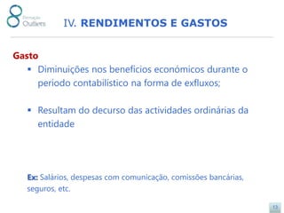 IV. RENDIMENTOS E GASTOS


Gasto
    Diminuições nos benefícios económicos durante o
     período contabilístico na forma de exfluxos;

    Resultam do decurso das actividades ordinárias da
     entidade




   Ex: Salários, despesas com comunicação, comissões bancárias,
   seguros, etc.

                                                                  13
 