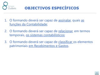 OBJECTIVOS ESPECÍFICOS


1. O formando deverá ser capaz de assinalar, quais as
   funções da Contabilidade;

2. O formando deverá ser capaz de relacionar, em termos
   temporais, os sistemas contabilísticos;

3. O formando deverá ser capaz de classificar os elementos
   patrimoniais em Recebimentos e Gastos.




                                                             3
 
