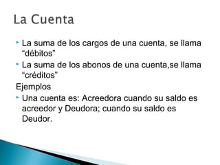 La suma de los cargos de una cuenta, se llama
“débitos”
 La suma de los abonos de una cuenta,se llama
“créditos”
Ejemplos
 Una cuenta es: Acreedora cuando su saldo es
acreedor y Deudora; cuando su saldo es
Deudor.


 