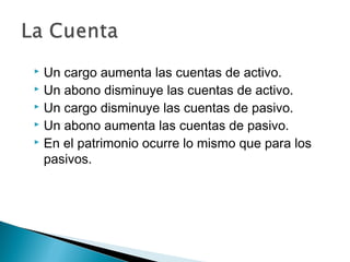 Un cargo aumenta las cuentas de activo.
 Un abono disminuye las cuentas de activo.
 Un cargo disminuye las cuentas de pasivo.
 Un abono aumenta las cuentas de pasivo.
 En el patrimonio ocurre lo mismo que para los
pasivos.


 