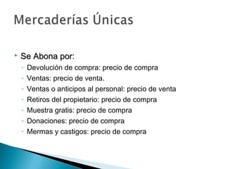 

Se Abona por:
por
◦
◦
◦
◦
◦
◦
◦

Devolución de compra: precio de compra
Ventas: precio de venta.
Ventas o anticipos al personal: precio de venta
Retiros del propietario: precio de compra
Muestra gratis: precio de compra
Donaciones: precio de compra
Mermas y castigos: precio de compra

 