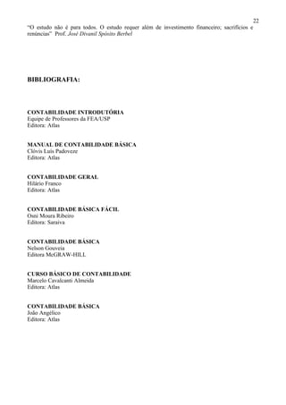 22
“O estudo não é para todos. O estudo requer além de investimento financeiro; sacrifícios e
renúncias” Prof. José Divanil Spósito Berbel




BIBLIOGRAFIA:



CONTABILIDADE INTRODUTÓRIA
Equipe de Professores da FEA/USP
Editora: Atlas


MANUAL DE CONTABILIDADE BÁSICA
Clóvis Luís Padoveze
Editora: Atlas


CONTABILIDADE GERAL
Hilário Franco
Editora: Atlas


CONTABILIDADE BÁSICA FÁCIL
Osni Moura Ribeiro
Editora: Saraiva


CONTABILIDADE BÁSICA
Nelson Gouveia
Editora McGRAW-HILL


CURSO BÁSICO DE CONTABILIDADE
Marcelo Cavalcanti Almeida
Editora: Atlas


CONTABILIDADE BÁSICA
João Angélico
Editora: Atlas
 