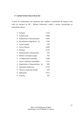 Autor: Alex Rodrigues de Brito
Atualização: Luiz Fernando S. Fonseca
27
EXERCÍCIOS PARA FIXAÇÃO
A partir do conhecimento dos elementos que compõem o patrimônio da empresa, bem
como da estrutura do BP – Balanço Patrimonial, monte o mesmo considerando as
informações abaixo:
Estoques 1.332;
Capital social 9.800;
Empréstimos e financiamentos 2.565;
Investimentos temporários – lp 1.956;
Contas a pagar 543;
Caixa e Bancos 2.009;
Terrenos 4.574;
Adiantamentos a fornecedores 333;
Salários e encargos a pagar 765;
(-) Depreciação acumulada 2.508;
Lucros e prejuízos acumulados 1.555;
Empréstimos e financiamentos – lp 899;
Aplicações financeiras 2.122;
Títulos a receber de clientes 854;
Edificações 5.012;
Veículos 443;
 