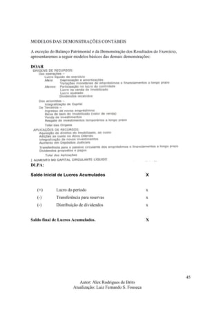 Autor: Alex Rodrigues de Brito
Atualização: Luiz Fernando S. Fonseca
45
MODELOS DAS DEMONSTRAÇÕES CONTÁBEIS
A exceção do Balanço Patrimonial e da Demonstração dos Resultados do Exercício,
apresentaremos a seguir modelos básicos das demais demonstrações:
DOAR
:
DLPA:
Saldo inicial de Lucros Acumulados X
(+) Lucro do período x
(-) Transferência para reservas x
(-) Distribuição de dividendos x
Saldo final de Lucros Acumulados. X
 