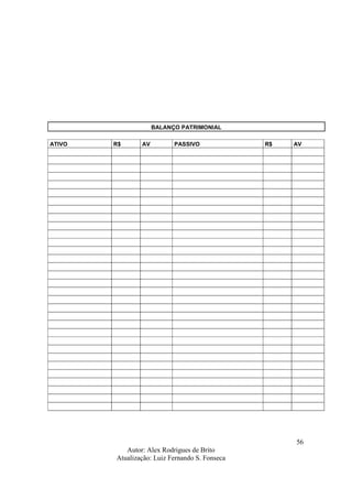 Autor: Alex Rodrigues de Brito
Atualização: Luiz Fernando S. Fonseca
56
BALANÇO PATRIMONIAL
ATIVO R$ AV PASSIVO R$ AV
 