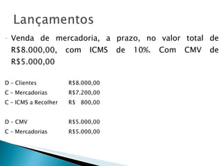 Venda de mercadoria, a prazo, no valor total de R$8.000,00, com ICMS de 10%. Com CMV de R$5.000,00 D – Clientes R$8.000,00 C – Mercadorias  R$7.200,00 C – ICMS a Recolher R$  800,00 D – CMV R$5.000,00 C – Mercadorias R$5.000,00 