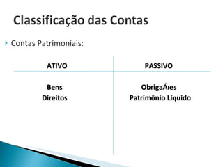 Contas Patrimoniais: ATIVO   PASSIVO Bens   Obrigações   Direitos   Patrimônio Líquido 