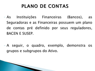 As Instituições Financeiras (Bancos), as Seguradoras e as Financeiras possuem um plano de contas pré definido por seus reguladores, BACEN E SUSEP. A seguir, o quadro, exemplo, demonstra os grupos e subgrupos do Ativo. PLANO DE CONTAS 