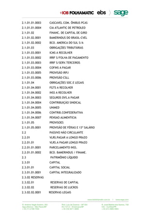 2.1.01.01.0003 CASCAVEL COM. ÔNIBUS PCAS
2.1.01.01.0004 CIA ATLANTIC DE PETROLEO
2.1.01.02 FINANC. DE CAPITAL DE GIRO
2.1.01.02.0001 BAMERINDUS DO BRASIL-CVEL
2.1.01.02.0002 BCO. AMERICA DO SUL S/A
2.1.01.03 OBRIGAÇÕES TRIBUTÁRIAS
2.1.01.03.0001 ICMS A RECOLHER
2.1.01.03.0002 IRRF S/FOLHA DE PAGAMENTO
2.1.01.03.0003 IRRF S/SERV.TERCEIROS
2.1.01.03.0004 COFINS A PAGAR
2.1.01.03.0005 PROVISÃO IRPJ
2.1.01.03.0006 PROVISÃO CSLL
2.1.01.04 OBRIGAÇÕES SOC.E LEGAIS
2.1.01.04.0001 FGTS A RECOLHER
2.1.01.04.0002 INSS A RECOLHER
2.1.01.04.0003 SEGUROS DVS.A PAGAR
2.1.01.04.0004 CONTRIBUIÇÃO SINDICAL
2.1.01.04.0005 UNIMED
2.1.01.04.0006 CONTRIB.CONFEDERATIVA
2.1.01.04.0007 PENSAO ALIMENTICIA
2.1.01.05 PROVISOES
2.1.01.05.0001 PROVISÃO DE FÉRIAS E 13º SALÁRIO
2.2 PASSIVO NÃO CIRCULANTE
2.2.01 VLRS.PAGAR A LONGO PRAZO
2.2.01.01 VLRS.A PAGAR LONGO PRAZO
2.2.01.01.0001 PARCELAMENTO INSS.
2.2.01.01.0002 BCO. BAMERINDUS / FINAME.
2.3 PATRIMÔNIO LÍQUIDO
2.3.01 CAPITAL
2.3.01.01 CAPITAL SOCIAL
2.3.01.01.0001 CAPITAL INTEGRALIZADO
2.3.02 RESERVAS
2.3.02.01 RESERVAS DE CAPITAL
2.3.02.02 RESERVAS DE LUCROS
2.3.02.02.0001 RESERVAS LEGAIS
 