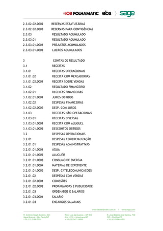 2.3.02.02.0002 RESERVAS ESTATUTÁRIAS
2.3.02.02.0003 RESERVAS PARA CONTIGÊNCIAS
2.3.03 RESULTADO ACUMULADO
2.3.03.01 RESULTADO ACUMULADO
2.3.03.01.0001 PREJUÍZOS ACUMULADOS
2.3.03.01.0002 LUCROS ACUMULADOS
3 CONTAS DE RESULTADO
3.1 RECEITAS
3.1.01 RECEITAS OPERACIONAIS
3.1.01.02 RECEITA COM MERCADORIAS
3.1.01.02.0001 RECEITA SOBRE VENDAS
3.1.02 RESULTADO FINANCEIRO
3.1.02.01 RECEITAS FINANCEIRAS
3.1.02.01.0001 JUROS OBTIDOS
3.1.02.02 DESPESAS FINANCEIRAS
3.1.02.02.0005 DESP. COM JUROS
3.1.03 RECEITAS NÃO-OPERACIONAIS
3.1.03.01 RECEITAS DIVERSAS
3.1.03.01.0001 RECEITA COM ALUGUEL
3.1.03.01.0002 DESCONTOS OBTIDOS
3.2 DESPESAS OPERACIONAIS
3.2.01 DESPESAS COMERCIALIZAÇÃO
3.2.01.01 DESPESAS ADMINISTRATIVAS
3.2.01.01.0001 ÁGUA
3.2.01.01.0002 ALUGUÉIS
3.2.01.01.0003 CONSUMO DE ENERGIA
3.2.01.01.0004 MATERIAL DE EXPEDIENTE
3.2.01.01.0005 DESP. C/TELECOMUNICACOES
3.2.01.02 DESPESAS COM VENDAS
3.2.01.02.0001 COMISSÕES
3.2.01.02.0002 PROPAGANDAS E PUBLICIDADE
3.2.01.03 ORDENADOS E SALARIOS
3.2.01.03.0001 SALÁRIO
3.2.01.04 ENCARGOS SALARIAIS
 