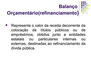 Balanço
Orçamentário(refinanciamento)
 Representa o valor da receita decorrente da
colocação de títulos públicos ou de
empréstimos, obtidos junto a entidades
estatais ou particulares internas ou
externas, destinadas ao refinanciamento da
dívida pública.
 
