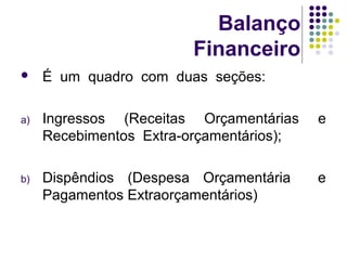 Balanço
Financeiro
 É um quadro com duas seções:
a) Ingressos (Receitas Orçamentárias e
Recebimentos Extra-orçamentários);
b) Dispêndios (Despesa Orçamentária e
Pagamentos Extraorçamentários)
 