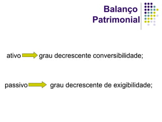 Balanço
Patrimonial
ativo grau decrescente conversibilidade;
passivo grau decrescente de exigibilidade;
 