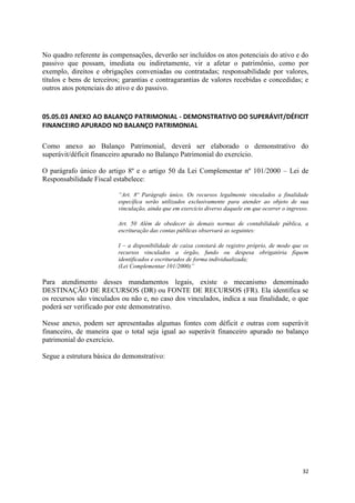 32
No quadro referente às compensações, deverão ser incluídos os atos potenciais do ativo e do
passivo que possam, imediata ou indiretamente, vir a afetar o patrimônio, como por
exemplo, direitos e obrigações conveniadas ou contratadas; responsabilidade por valores,
títulos e bens de terceiros; garantias e contragarantias de valores recebidas e concedidas; e
outros atos potenciais do ativo e do passivo.
05.05.03 ANEXO AO BALANÇO PATRIMONIAL - DEMONSTRATIVO DO SUPERÁVIT/DÉFICIT
FINANCEIRO APURADO NO BALANÇO PATRIMONIAL
Como anexo ao Balanço Patrimonial, deverá ser elaborado o demonstrativo do
superávit/déficit financeiro apurado no Balanço Patrimonial do exercício.
O parágrafo único do artigo 8º e o artigo 50 da Lei Complementar nº 101/2000 – Lei de
Responsabilidade Fiscal estabelece:
“Art. 8º Parágrafo único. Os recursos legalmente vinculados a finalidade
específica serão utilizados exclusivamente para atender ao objeto de sua
vinculação, ainda que em exercício diverso daquele em que ocorrer o ingresso.
Art. 50 Além de obedecer às demais normas de contabilidade pública, a
escrituração das contas públicas observará as seguintes:
I – a disponibilidade de caixa constará de registro próprio, de modo que os
recursos vinculados a órgão, fundo ou despesa obrigatória fiquem
identificados e escriturados de forma individualizada;
(Lei Complementar 101/2000)”
Para atendimento desses mandamentos legais, existe o mecanismo denominado
DESTINAÇÃO DE RECURSOS (DR) ou FONTE DE RECURSOS (FR). Ela identifica se
os recursos são vinculados ou não e, no caso dos vinculados, indica a sua finalidade, o que
poderá ser verificado por este demonstrativo.
Nesse anexo, podem ser apresentadas algumas fontes com déficit e outras com superávit
financeiro, de maneira que o total seja igual ao superávit financeiro apurado no balanço
patrimonial do exercício.
Segue a estrutura básica do demonstrativo:
 