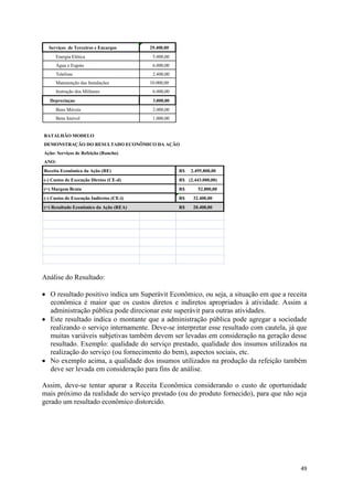 49
Análise do Resultado:
O resultado positivo indica um Superávit Econômico, ou seja, a situação em que a receita
econômica é maior que os custos diretos e indiretos apropriados à atividade. Assim a
administração pública pode direcionar este superávit para outras atividades.
Este resultado indica o montante que a administração pública pode agregar a sociedade
realizando o serviço internamente. Deve-se interpretar esse resultado com cautela, já que
muitas variáveis subjetivas também devem ser levadas em consideração na geração desse
resultado. Exemplo: qualidade do serviço prestado, qualidade dos insumos utilizados na
realização do serviço (ou fornecimento do bem), aspectos sociais, etc.
No exemplo acima, a qualidade dos insumos utilizados na produção da refeição também
deve ser levada em consideração para fins de análise.
Assim, deve-se tentar apurar a Receita Econômica considerando o custo de oportunidade
mais próximo da realidade do serviço prestado (ou do produto fornecido), para que não seja
gerado um resultado econômico distorcido.
Serviços de Terceiros e Encargos 29.400,00
Energia Elética 5.000,00
Água e Esgoto 6.000,00
Telefone 2.400,00
Manutenção das Instalações 10.000,00
Instrução dos Militares 6.000,00
Depreciaçao 3.000,00
Bens Móveis 2.000,00
Bens Imóvel 1.000,00
BATALHÃO MODELO
DEMONSTRAÇÃO DO RESULTADO ECONÔMICO DA AÇÃO
Ação: Serviços de Refeição (Rancho)
ANO:
Receita Econômica da Ação (RE) 2.495.800,00R$
(-) Custos de Execução Diretos (CE-d) (2.443.000,00)R$
(=) Margem Bruta 52.800,00R$
(-) Custos de Execução Indiretos (CE-i) 32.400,00R$
(=) Resultado Econômico da Ação (REA) 20.400,00R$
 
