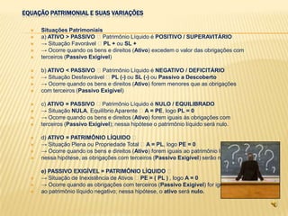 EQUAÇÃO PATRIMONIAL E SUAS VARIAÇÕES

     Situações Patrimoniais
     a) ATIVO > PASSIVO Patrimônio Líquido é POSITIVO / SUPERAVITÁRIO
     → Situação Favorável PL + ou SL +
     → Ocorre quando os bens e direitos (Ativo) excedem o valor das obrigações com
     terceiros (Passivo Exigível)

     b) ATIVO < PASSIVO Patrimônio Líquido é NEGATIVO / DEFICITÁRIO
     → Situação Desfavorável PL (-) ou SL (-) ou Passivo a Descoberto
     → Ocorre quando os bens e direitos (Ativo) forem menores que as obrigações
     com terceiros (Passivo Exigível)

     c) ATIVO = PASSIVO Patrimônio Líquido é NULO / EQUILIBRADO
     → Situação NULA, Equilíbrio Aparente A = PE, logo PL = 0
     → Ocorre quando os bens e direitos (Ativo) forem iguais às obrigações com
     terceiros (Passivo Exigível); nessa hipótese o patrimônio líquido será nulo.

     d) ATIVO = PATRIMÔNIO LÍQUIDO 
     → Situação Plena ou Propriedade Total A = PL, logo PE = 0
     → Ocorre quando os bens e direitos (Ativo) forem iguais ao patrimônio líquido;
     nessa hipótese, as obrigações com terceiros (Passivo Exigível) serão nulas.

      e) PASSIVO EXIGÍVEL = PATRIMÔNIO LÍQUIDO 
     → Situação de Inexistência de Ativos PE = ( PL ) , logo A = 0
     → Ocorre quando as obrigações com terceiros (Passivo Exigível) for igual
     ao patrimônio líquido negativo; nessa hipótese, o ativo será nulo.
 