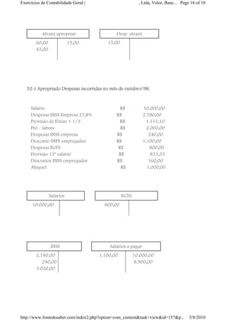 Exercícios de Contabilidade Geral |                                             , Ltda, Valor, Banc... Page 16 of 18



   €
             Alvará apropriar                          €          Desp. alvará
         60,00                15,00                €          15,00                €
         45,00                  €
                                €

   €
   €
   €
   32-
   32-) Apropriado Despesas incorridas no mês de outubro/98.
   €
   €
     Salário€€€€€€€€€€€€€€€€€€€€€€€€€€€€€€€€€€€€€€€€€€€€€€€€€€€€€€€€€€€€ R$€€€€€€€€€€€€€€ 10.000,00
     Despesas INSS Empresa 27,8%€€€€€€€€€€€€€€€€€€€ R$€€€€€€€€€€€€€€€€ 2.780,00
     Provisão de Férias + 1/3€€€€€€€€€€€€€€€€€€€€€€€€€€€€€€€ R$€€€€€€€€€€€€€€€€ 1.111,10
     Pró - labore€€€€€€€€€€€€€€€€€€€€€€€€€€€€€€€€€€€€€€€€€€€€€€€€€€€€ R$€€€€€€€€€€€€€€€€ 2.000,00
     Despesas INSS empresa€€€€€€€€€€€€€€€€€€€€€€€€€€€€€€€ R$€€€€€€€€€€€€€€€€€€€€ 240,00
     Desconto INPS empregados€€€€€€€€€€€€€€€€€€€€€€€€ R$€€€€€€€€€€€€€€€€ 1.100,00
     Despesas FGTS€€€€€€€€€€€€€€€€€€€€€€€€€€€€€€€€€€€€€€€€€€€€€€ R$€€€€€€€€€€€€€€€€€€€€ 800,00
     Provisão 13º salário€€€€€€€€€€€€€€€€€€€€€€€€€€€€€€€€€€€€€€ R$€€€€€€€€€€€€€€€€€€€€ 833,33
     Descontos INSS empregador€€€€€€€€€€€€€€€€€€€€€€€ R$€€€€€€€€€€€€€€€€€€€€ 160,00
     Aluguel€€€€€€€€€€€€€€€€€€€€€€€€€€€€€€€€€€€€€€€€€€€€€€€€€€€€€€€€€€€ R$€€€€€€€€€€€€€€€€ 1.000,00
   €
   €
   €
                  Salários                     €                      FGTS
       10.000,00                    €          €             800,00                €
                                    €

   €
   €
   €
                   INSS                    €                   Salários a pagar
         2.780,00               €          €               1.100,00          10.000,00
            240,00                                                            8.900,00
         3.020,00

   €
   €
   €



http://www.fontedosaber.com/index2.php?option=com_content&task=view&id=157&p...                            5/8/2010
 