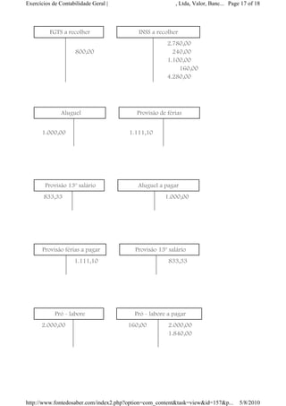 Exercícios de Contabilidade Geral |                                   , Ltda, Valor, Banc... Page 17 of 18



          FGTS a recolher             €                 INSS a recolher
         €              €             €        €                  2.780,00
                     800,00                                         240,00
                                                                  1.100,00
                                                                      160,00
                                                                  4.280,00

   €
   €
               Aluguel                    €         Provisão de férias
           €                €             €       €                       €
       1.000,00             €                 1.111,10
                                                  €

   €
   €
   €
        Provisão 13º salário          €             Aluguel a pagar
       833,33               €         €         €                 1.000,00
                            €

   €
   €
   €
       Provisão férias a pagar            €     Provisão 13º salário
         €          1.111,10              €         €              833,33
                        €

   €
   €
   €
             Pró - labore             €         Pró - labore a pagar
       2.000,00             €         €       160,00               2.000,00
                            €                                      1.840,00
                                                                       €

   €
   €
   €



http://www.fontedosaber.com/index2.php?option=com_content&task=view&id=157&p...                  5/8/2010
 