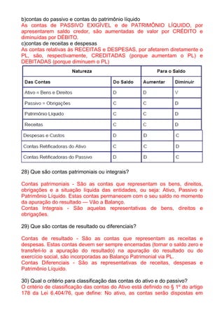 b)contas do passivo e contas do patrimônio líquido
As contas de PASSIVO EXIGÍVEL e de PATRIMÔNIO LÍQUIDO, por
apresentarem saldo credor, são aumentadas de valor por CRÉDITO e
diminuídas por DÉBITO.
c)contas de receitas e despesas
As contas relativas às RECEITAS e DESPESAS, por afetarem diretamente o
PL, são, respectivamente, CREDITADAS (porque aumentam o PL) e
DEBITADAS (porque diminuem o PL)




28) Que são contas patrimoniais ou integrais?

Contas patrimoniais - São as contas que representam os bens, direitos,
obrigações e a situação líquida das entidades, ou seja: Ativo, Passivo e
Patrimônio Líquido. Estas contas permanecem com o seu saldo no momento
da apuração do resultado — Vão a Balanço.
Contas Integrais - São aquelas representativas de bens, direitos e
obrigações.

29) Que são contas de resultado ou diferenciais?

Contas de resultado - São as contas que representam as receitas e
despesas. Estas contas devem ser sempre encerradas (tornar o saldo zero e
transferi-lo a apuração do resultado) na apuração do resultado ou do
exercício social, são incorporadas ao Balanço Patrimonial via PL.
Contas Diferenciais - São as representativas de receitas, despesas e
Patrimônio Líquido.

30) Qual o critério para classificação das contas do ativo e do passivo?
O critério de classificação das contas do Ativo está definido no § 1º do artigo
178 da Lei 6.404/76, que define: No ativo, as contas serão dispostas em
 