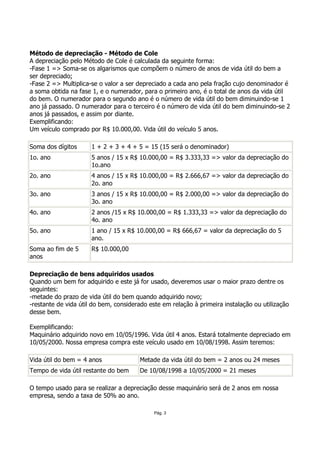 Método de depreciação - Método de Cole
A depreciação pelo Método de Cole é calculada da seguinte forma:
-Fase 1 => Soma-se os algarismos que compõem o número de anos de vida útil do bem a
ser depreciado;
-Fase 2 => Multiplica-se o valor a ser depreciado a cada ano pela fração cujo denominador é
a soma obtida na fase 1, e o numerador, para o primeiro ano, é o total de anos da vida útil
do bem. O numerador para o segundo ano é o número de vida útil do bem diminuindo-se 1
ano já passado. O numerador para o terceiro é o número de vida útil do bem diminuindo-se 2
anos já passados, e assim por diante.
Exemplificando:
Um veículo comprado por R$ 10.000,00. Vida útil do veículo 5 anos.

Soma dos dígitos      1 + 2 + 3 + 4 + 5 = 15 (15 será o denominador)
1o. ano               5 anos / 15 x R$ 10.000,00 = R$ 3.333,33 => valor da depreciação do
                      1o.ano
2o. ano               4 anos / 15 x R$ 10.000,00 = R$ 2.666,67 => valor da depreciação do
                      2o. ano
3o. ano               3 anos / 15 x R$ 10.000,00 = R$ 2.000,00 => valor da depreciação do
                      3o. ano
4o. ano               2 anos /15 x R$ 10.000,00 = R$ 1.333,33 => valor da depreciação do
                      4o. ano
5o. ano               1 ano / 15 x R$ 10.000,00 = R$ 666,67 = valor da depreciação do 5
                      ano.
Soma ao fim de 5      R$ 10.000,00
anos

Depreciação de bens adquiridos usados
Quando um bem for adquirido e este já for usado, deveremos usar o maior prazo dentre os
seguintes:
-metade do prazo de vida útil do bem quando adquirido novo;
-restante de vida útil do bem, considerado este em relação à primeira instalação ou utilização
desse bem.

Exemplificando:
Maquinário adquirido novo em 10/05/1996. Vida útil 4 anos. Estará totalmente depreciado em
10/05/2000. Nossa empresa compra este veículo usado em 10/08/1998. Assim teremos:

Vida útil do bem = 4 anos              Metade da vida útil do bem = 2 anos ou 24 meses
Tempo de vida útil restante do bem     De 10/08/1998 a 10/05/2000 = 21 meses

O tempo usado para se realizar a depreciação desse maquinário será de 2 anos em nossa
empresa, sendo a taxa de 50% ao ano.

                                             Pág. 3
 