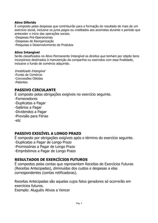 Ativo Diferido
É composto pelas despesas que contribuirão para a formação do resultado de mais de um
exercício social, inclusive os juros pagos ou creditados aos acionistas durante o período que
anteceder o início das operações sociais.
-Despesas Pré-Operacionais
-Despesas de Reorganização
-Pesquisas e Desenvolvimento de Produtos

Ativo Intangível
Serão classificados no Ativo Permanente Intangível os direitos que tenham por objeto bens
incorpóreos destinados à manutenção da companhia ou exercidos com essa finalidade,
inclusive o fundo de comércio adquirido.

Imobilizado Intangível
-Fundo de Comércio
-Concessões Obtidas
-Patentes

PASSIVO CIRCULANTE
É composto pelas obrigações exigíveis no exercício seguinte.
-Fornecedores
-Duplicatas a Pagar
-Salários a Pagar
-Dividendos a Pagar
-Provisão para Férias
-etc


PASSIVO EXIGÍVEL A LONGO PRAZO
É composto por obrigações exigíveis após o término do exercício seguinte.
-Duplicatas a Pagar de Longo Prazo
-Promissórias a Pagar de Longo Prazo
-Empréstimos a Pagar de Longo Prazo

RESULTADOS DE EXERCÍCIOS FUTUROS
É compostos pelas contas que representam Receitas de Exercícios Futuras
(Receitas Antecipadas), diminuídas dos custos e despesas a elas
correspondentes (contas retificadoras).

Receitas Antecipadas são aquelas cujos fatos geradores só ocorrerão em
exercícios futuros.
Exemplo: Aluguéis Ativos a Vencer


                                             Pág. 4
 