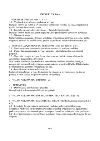 ESTRUTUTA DVA

1 - RECEITAS (soma dos itens 1.1 a 1.3)
1.1 - Vendas de mercadorias, produtos e serviços
Inclui os valores do ICMS e IPI incidentes sobre essas receitas, ou seja, corresponde à
receita bruta ou faturamento bruto.
1.2 - Provisão para devedores duvidosos – Reversão/Constituição
Inclui os valores relativos à constituição/baixa de provisão para devedores duvidosos.
1.3 - Não operacionais
Inclui valores considerados fora das atividades principais da empresa, tais como: ganhos
ou perdas na baixa de imobilizados, ganhos ou perdas na baixa de investimentos, etc.

2 - INSUMOS ADQUIRIDOS DE TERCEIROS (soma dos itens 2.1 a 2.4)
2.1 - Matérias-primas consumidas (incluídas no custo do produto vendido).
2.2 - Custos das mercadorias e serviços vendidos (não inclui gastos com pessoal
próprio).
2.3 - Materiais, energia, serviços de terceiros e outros (inclui valores relativos às
aquisições e pagamentos a terceiros).
Nos valores dos custos dos produtos e mercadorias vendidos, materiais, serviços,
energia, etc. consumidos deverão ser considerados os impostos (ICMS e IPI) incluídos
no momento das compras, recuperáveis ou não.
2.4 - Perda/Recuperação de valores ativos
Inclui valores relativos a valor de mercado de estoques e investimentos, etc. (se no
período o valor líquido for positivo deverá ser somado).

3 - VALOR ADICIONADO BRUTO (1 - 2).

4 – RETENÇÕES
4.1 - Depreciação, amortização e exaustão
Deverá incluir a despesa contabilizada no período.

5 - VALOR ADICIONADO LÍQ. PRODUZIDO PELA ENTIDADE (3 - 4)

6 - VALOR ADICIONADO RECEBIDO EM TRANSFERÊNCIA (soma dos itens 6.1 e
6.2)
6.1 - Resultado de equivalência patrimonial (inclui os valores recebidos como
dividendos relativos a investimentos avaliados ao custo). O resultado de equivalência
poderá representar receita ou despesa; se despesa deverá ser informada entre parênteses.
6.2 - Receitas financeiras (incluir todas as receitas financeiras independentemente de sua
origem).




                                           Pág. 2
 