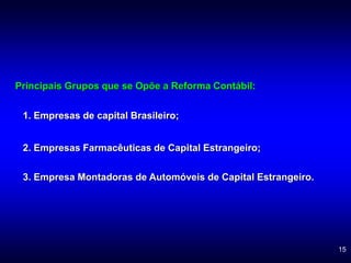15
Principais Grupos que se Opõe a Reforma Contábil:
1. Empresas de capital Brasileiro;
2. Empresas Farmacêuticas de Capital Estrangeiro;
3. Empresa Montadoras de Automóveis de Capital Estrangeiro.
 