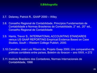 29
3.7. Delaney, Patrick R., GAAP 2000 – Wiley
3.8. Conselho Regional de Contabilidade, Princípios Fundamentais de
Contabilidade e Normas Brasileiras de Contabilidade, 2° ed., 20° ed.,
Conselho Regional de Contabilidade
3.9. Harris, Trevor S., INTERNATONAL ACCOUNTING STANDARDS
versus US GAAP REPORTING Empirical Evidence Based on Case
Studies, South – Western College Publish, 2000.
3.10.Carvalho, José Luiz Ribeiro de, Projeto Gaap 2000, Um comparativo de
práticas contábeis entre países, Boletim do Ibracon – ano XXIII, n 272
3.11.Instituto Brasileiro dos Contadores, Normas Internacionais de
Contabilidade, 1998
5.Bibliografia
 