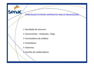 STAKEHOLDER EXTERNOS IMPORTANTES PARA AS ORGANIZAÇÕES
Sociedade de consumo
Concorrentes – Sindicatos - OngsConcorrentes – Sindicatos - Ongs
Fornecedores de créditos
Investidores
Governos
Famílias de colaboradores
 