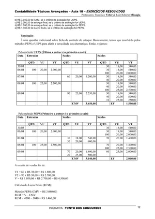 Contabilidade Tópicos Avançados – Aula 10 – EXERCÍCIOS RESOLVIDOS
                                                                Professores: Francisco Velter & Luiz Roberto Missagia
b) R$ 3.040,00 de CMV, se o critério de avaliação for UEPS.
c) R$ 2.000,00 de estoque final, se o critério de avaliação for UEPS.
d) R$ 1.590,00 de estoque final, se o critério de avaliação for PEPS.
e) R$ 1.460,00 de Lucro Bruto, se o critério de avaliação for PEPS.


     Resolução:
    É uma questão tradicional sobre ficha de controle de estoque. Basicamente, temos que resolvê-la pelos
métodos PEPS e UEPS para aferir a veracidade das alternativas. Então, vejamos:

  Pelo método UEPS (Último a entrar é o primeiro a sair):
  Data Entradas                     Saídas                                       Saldos

             QTD        VU          VT         QTD        VU            VT         QTD           VU         VT
  30/03                                                                               30          18,00     540,00
  06/04         100     20,00     2.000,00                                            30          18,00     540,00
                                                                                     100          20,00   2.000,00
  07/04                                            60     20,00     1.200,00          30          18,00     540,00
                                                                                      40          20,00     800,00
  08/04         100     25,00     2.500,00                                            30          18,00     540,00
                                                                                      40          20,00     800,00
                                                                                     100          25,00   2.500,00
  09/04                                            90     25,00     2.250,00          30          18,00     540,00
                                                                                      40          20,00     800,00
                                                                                      10          25,00     250,00
                                                        CMV         3.450,00                EF            1.590,00


  Pelo método PEPS (Primeiro a entrar é o primeiro a sair):
  Data Entradas                     Saídas                                       Saldos

             QTD        VU          VT         QTD        VU            VT         QTD           VU         VT
  30/03                                                                               30          18,00     540,00
  06/04         100     20,00     2.000,00                                            30          18,00     540,00
                                                                                     100          20,00   2.000,00
  07/04                                            30     18,00         540,00        70          20,00   1.400,00
                                                   30     20,00         600,00
  08/04         100     25,00     2.500,00                                             70         20,00   1.400,00
                                                                                      100         25,00   2.500,00
  09/04                                            70     20,00     1.400,00           80         25,00   2.000,00
                                                   20     25,00       500,00
                                                        CMV         3.040,00                EF            2.000,00

A receita de vendas foi de:

V1 = 60 x R$ 30,00 = R$ 1.800,00
V2 = 90 x R$ 30,00 = R$ 2.700,00
V = R$ 1.800,00 + R$ 2.700,00 = R$ 4.500,00

Cálculo do Lucro Bruto (RCM):

Método PEPS (CMV = R$ 3.040,00)
RCM = V – CMV
RCM = 4500 – 3040 = R$ 1.460,00


                                 INICIATIVA: PONTO DOS CONCURSOS                                                     12
 