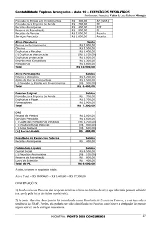 Contabilidade Tópicos Avançados – Aula 10 – EXERCÍCIOS RESOLVIDOS
                                                          Professores: Francisco Velter & Luiz Roberto Missagia

Provisão p/ Perdas em Investimentos           R$ 300,00             AP (retif.)
Provisão para Imposto de Renda                R$ 700,00             PC
Receitas Antecipadas                          R$ 400,00             REF
Reserva de Reavaliação                        R$ 800,00             PL
Receitas de Vendas                            R$ 2.000,00           Receita
Serviços Prestados                            R$ 1.600,00           Receita

Ativo Circulante                                          Saldo
Bancos conta Movimento                              R$ 2.000,00
Clientes                                            R$ 2.500,00
Duplicatas a Receber                                R$ 1.400,00
(-) Duplicatas descontadas                         (R$ 1.100,00)
Duplicatas protestadas                              R$ 1.000,00
Empréstimos Concedidos                              R$ 1.300,00
Mercadorias                                         R$ 3.800,00
Total                                             R$ 10.900,00

Ativo Permanente                                         Saldos
Móveis e Utensílios                                 R$ 5.200,00
Ações de Outras Companhias                          R$ 1.500,00
(-) Provisão p/ Perdas em Investimentos             (R$ 300,00)
Total                                              R$ 6.400,00

Passivo Exigível                                         Saldos
Provisão para Imposto de Renda                      R$ 700,00
Duplicatas a Pagar                                  R$ 3.700,00
Fornecedores                                        R$ 2.900,00
Total                                              R$ 7.300,00

DRE
Receita de Vendas                                    R$ 2.000,00
Serviços Prestados                                   R$ 1.600,00
(-) Custo das Mercadorias Vendidas                  (R$ 1.700,00)
(-) Insubsistências Passivas                         (R$ 900,00)
(-) Juros Passivos                                   (R$ 600,00)
(=) Lucro Líquido                                    R$ 400,00

Resultado de Exercícios Futuros                           Saldos
Receitas Antecipadas                                 R$   400,00

Patrimônio Líquido                                        Saldos
Capital Social                                       R$ 8.500,00
(-) Prejuízos Acumulados                            (R$ 100,00)
Reserva de Reavaliação                               R$ 800,00
Lucro do Exercício                                   R$ 400,00
Total do PL                                         R$ 9.600,00

Assim, teremos os seguintes totais:

Ativo Total = R$ 10.900,00 + R$ 6.400,00 = R$ 17.300,00

OBSERVAÇÕES:

1) Insubsistências Passivas são despesas relativas a bens ou direitos do ativo que não mais possam subsistir
(ex: perda pela baixa de títulos incobráveis);

2) A conta Receitas Antecipadas foi considerada como Resultado de Exercícios Futuros, e essa tem sido a
tendência da ESAF. Porém, ela poderia ter sido classificada no Passivo, caso houve a obrigação de prestar
algum serviço ou de entregar mercadoria.


                             INICIATIVA: PONTO DOS CONCURSOS                                                27
 