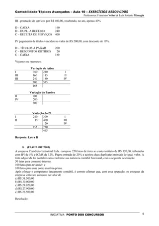 Contabilidade Tópicos Avançados – Aula 10 – EXERCÍCIOS RESOLVIDOS
                                                         Professores: Francisco Velter & Luiz Roberto Missagia

III . prestação de serviços por R$ 400,00, recebendo, no ato, apenas 40%

D – CAIXA                          160
D – DUPL. A RECEBER                240
C – RECEITA DE SERVIÇOS            400

IV pagamento de títulos vencidos no valor de R$ 200,00, com desconto de 10%.

D – TÍTULOS A PAGAR                200
C – DESCONTOS OBTIDOS               20
C – CAIXA                          180

Vejamos os razonetes:

             Variação do Ativo
I             300     240                  I
III           160     115                 II
III           240     180                IV
              700     535
              165

             Variação do Passivo
II             100
IV             200
               300


               Variação do PL
I              240     300                I
II              15     400               III
                        20               IV
               255     720
                       465

Resposta: Letra B


      8.   (ESAF/AFRF/2003)
A empresa Comércio Industrial Ltda. comprou 250 latas de tinta ao custo unitário de R$ 120,00, tributadas
com IPI de 5% e ICMS de 12%. Pagou entrada de 20% e aceitou duas duplicatas mensais de igual valor. A
tinta adquirida foi contabilizada conforme sua natureza contábil funcional, com a seguinte destinação:
50 latas para consumo interno;
100 latas para revender; e
100 latas para usar como matéria-prima.
Após efetuar o competente lançamento contábil, é correto afirmar que, com essa operação, os estoques da
empresa sofreram aumento no valor de
a) R$ 31.500,00
b) R$ 30.000,00
c) R$ 28.020,00
d) R$ 27.900,00
e) R$ 26.500,00

Resolução:




                              INICIATIVA: PONTO DOS CONCURSOS                                               9
 