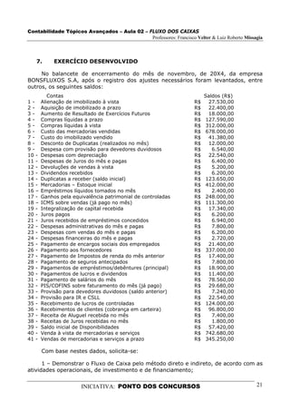 Contabilidade Tópicos Avançados – Aula 02 – FLUXO DOS CAIXAS
                                             Professores: Francisco Velter & Luiz Roberto Missagia



   7.       EXERCÍCIO DESENVOLVIDO

     No balancete de encerramento do mês de novembro, de 20X4, da empresa
BONSFLUXOS S.A, após o registro dos ajustes necessários foram levantados, entre
outros, os seguintes saldos:
          Contas                                                          Saldos (R$)
1-     Alienação de imobilizado à vista                              R$    27.530,00
2-     Aquisição de imobilizado a prazo                              R$    22.400,00
3-     Aumento de Resultado de Exercícios Futuros                    R$    18.000,00
4-     Compras líquidas a prazo                                      R$   127.590,00
5-     Compras líquidas à vista                                      R$   312.000,00
6-     Custo das mercadorias vendidas                                R$   678.000,00
7-     Custo do imobilizado vendido                                  R$    41.380,00
8-     Desconto de Duplicatas (realizados no mês)                    R$    12.000,00
9-     Despesa com provisão para devedores duvidosos                 R$      6.540,00
10 -   Despesas com depreciação                                      R$    22.540,00
11 -   Despesas de Juros do mês e pagas                              R$      6.400,00
12 -   Devoluções de vendas à vista                                  R$      5.200,00
13 -   Dividendos recebidos                                          R$      6.200,00
14 -   Duplicatas a receber (saldo inicial)                          R$   123.650,00
15 -   Mercadorias – Estoque inicial                                 R$   412.000,00
16 –   Empréstimos líquidos tomados no mês                           R$      2.400,00
17 -   Ganhos pela equivalência patrimonial de controladas           R$   248.000,00
18 –   ICMS sobre vendas (já pago no mês)                            R$   111.300,00
19 -   Integralização de capital recebida                            R$    17.340,00
20 -   Juros pagos                                                   R$      6.200,00
21 -   Juros recebidos de empréstimos concedidos                     R$      6.940,00
22 -   Despesas administrativas do mês e pagas                       R$      7.800,00
23 -   Despesas com vendas do mês e pagas                            R$      6.200,00
24 -   Despesas financeiras do mês e pagas                           R$      2.720,00
25 -   Pagamento de encargos sociais dos empregados                  R$    21.400,00
26 -   Pagamento aos fornecedores                                    R$   337.000,00
27 -   Pagamento de Impostos de renda do mês anterior                R$    17.400,00
28 -   Pagamento de seguros antecipados                              R$      7.800,00
29 -   Pagamentos de empréstimos/debêntures (principal)              R$    18.900,00
30 -   Pagamentos de lucros e dividendos                             R$    11.400,00
31 -   Pagamento de salários do mês                                  R$    78.560,00
32 -   PIS/COFINS sobre faturamento do mês (já pago)                 R$    29.680,00
33 -   Provisão para devedores duvidosos (saldo anterior)            R$      7.240,00
34 -   Provisão para IR e CSLL                                       R$    22.540,00
35 -   Recebimento de lucros de controladas                          R$   124.000,00
36 -   Recebimentos de clientes (cobrança em carteira)               R$    96.800,00
37 -   Receita de Aluguel recebida no mês                            R$      7.400,00
38 -   Receitas de Juros recebidas no mês                            R$      1.800,00
39 -   Saldo inicial de Disponibilidades                             R$    57.420,00
40 -   Venda à vista de mercadorias e serviços                       R$   742.680,00
41 -   Vendas de mercadorias e serviços a prazo                      R$   345.250,00

       Com base nestes dados, solicita-se:

      1 – Demonstrar o Fluxo de Caixa pelo método direto e indireto, de acordo com as
atividades operacionais, de investimento e de financiamento;


                      INICIATIVA: PONTO DOS CONCURSOS                                          21
 