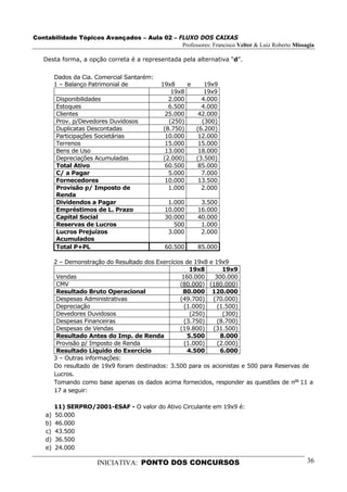 Contabilidade Tópicos Avançados – Aula 02 – FLUXO DOS CAIXAS
                                             Professores: Francisco Velter & Luiz Roberto Missagia

   Desta forma, a opção correta é a representada pela alternativa “d”.


         Dados da Cia. Comercial Santarém:
         1 – Balanço Patrimonial de          19x8     e    19x9
                                                 19x8      19x9
         Disponibilidades                       2.000     4.000
         Estoques                               6.500     4.000
         Clientes                              25.000    42.000
         Prov. p/Devedores Duvidosos            (250)     (300)
         Duplicatas Descontadas               (8.750)   (6.200)
         Participações Societárias             10.000    12.000
         Terrenos                              15.000    15.000
         Bens de Uso                           13.000    18.000
         Depreciações Acumuladas              (2.000)   (3.500)
         Total Ativo                           60.500    85.000
         C/ a Pagar                             5.000     7.000
         Fornecedores                          10.000    13.500
         Provisão p/ Imposto de                 1.000     2.000
         Renda
         Dividendos a Pagar                    1.000      3.500
         Empréstimos de L. Prazo              10.000     16.000
         Capital Social                       30.000     40.000
         Reservas de Lucros                      500      1.000
         Lucros Prejuízos                      3.000      2.000
         Acumulados
         Total P+PL                           60.500     85.000

         2 – Demonstração do Resultado dos Exercícios de 19x8 e 19x9
                                                        19x8       19x9
          Vendas                                     160.000    300.000
          CMV                                       (80.000) (180.000)
          Resultado Bruto Operacional                80.000 120.000
          Despesas Administrativas                  (49.700) (70.000)
          Depreciação                                 (1.000)    (1.500)
          Devedores Duvidosos                           (250)      (300)
          Despesas Financeiras                        (3.750)    (8.700)
          Despesas de Vendas                        (19.800) (31.500)
          Resultado Antes do Imp. de Renda             5.500      8.000
          Provisão p/ Imposto de Renda                (1.000)    (2.000)
          Resultado Líquido do Exercício               4.500      6.000
         3 – Outras informações:
         Do resultado de 19x9 foram destinados: 3.500 para os acionistas e 500 para Reservas de
         Lucros.
         Tomando como base apenas os dados acima fornecidos, responder as questões de nos 11 a
         17 a seguir:

         11) SERPRO/2001-ESAF - O valor do Ativo Circulante em 19x9 é:
    a)   50.000
    b)   46.000
    c)   43.500
    d)   36.500
    e)   24.000

                       INICIATIVA: PONTO DOS CONCURSOS                                         36
 