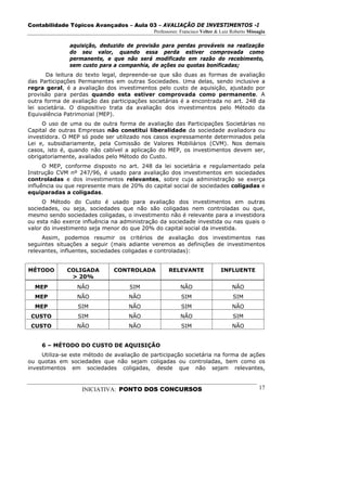 Contabilidade Tópicos Avançados – Aula 03 – AVALIAÇÃO DE INVESTIMENTOS -I
                                             Professores: Francisco Velter & Luiz Roberto Missagia

              aquisição, deduzido de provisão para perdas prováveis na realização
              do seu valor, quando essa perda estiver comprovada como
              permanente, e que não será modificado em razão do recebimento,
              sem custo para a companhia, de ações ou quotas bonificadas;
       Da leitura do texto legal, depreende-se que são duas as formas de avaliação
das Participações Permanentes em outras Sociedades. Uma delas, sendo inclusive a
regra geral, é a avaliação dos investimentos pelo custo de aquisição, ajustado por
provisão para perdas quando esta estiver comprovada como permanente. A
outra forma de avaliação das participações societárias é a encontrada no art. 248 da
lei societária. O dispositivo trata da avaliação dos investimentos pelo Método da
Equivalência Patrimonial (MEP).
     O uso de uma ou de outra forma de avaliação das Participações Societárias no
Capital de outras Empresas não constitui liberalidade da sociedade avaliadora ou
investidora. O MEP só pode ser utilizado nos casos expressamente determinados pela
Lei e, subsidiariamente, pela Comissão de Valores Mobiliários (CVM). Nos demais
casos, isto é, quando não cabível a aplicação do MEP, os investimentos devem ser,
obrigatoriamente, avaliados pelo Método do Custo.
      O MEP, conforme disposto no art. 248 da lei societária e regulamentado pela
Instrução CVM nº 247/96, é usado para avaliação dos investimentos em sociedades
controladas e dos investimentos relevantes, sobre cuja administração se exerça
influência ou que represente mais de 20% do capital social de sociedades coligadas e
equiparadas a coligadas.
     O Método do Custo é usado para avaliação dos investimentos em outras
sociedades, ou seja, sociedades que não são coligadas nem controladas ou que,
mesmo sendo sociedades coligadas, o investimento não é relevante para a investidora
ou esta não exerce influência na administração da sociedade investida ou nas quais o
valor do investimento seja menor do que 20% do capital social da investida.
     Assim, podemos resumir os critérios de avaliação dos investimentos nas
seguintes situações a seguir (mais adiante veremos as definições de investimentos
relevantes, influentes, sociedades coligadas e controladas):


MÉTODO        COLIGADA        CONTROLADA            RELEVANTE               INFLUENTE
               > 20%
  MEP            NÃO                SIM                  NÃO                      NÃO
  MEP            NÃO                NÃO                   SIM                     SIM
  MEP            SIM                NÃO                   SIM                     NÃO
 CUSTO           SIM                NÃO                  NÃO                      SIM
 CUSTO           NÃO                NÃO                   SIM                     NÃO


     6 – MÉTODO DO CUSTO DE AQUISIÇÃO
     Utiliza-se este método de avaliação de participação societária na forma de ações
ou quotas em sociedades que não sejam coligadas ou controladas, bem como os
investimentos em sociedades coligadas, desde que não sejam relevantes,


                   INICIATIVA: PONTO DOS CONCURSOS                                             17
 