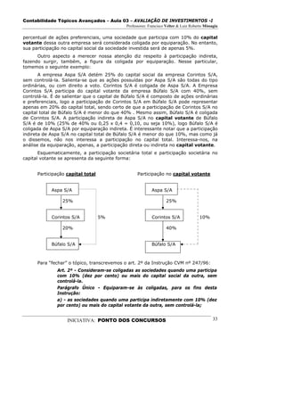 Contabilidade Tópicos Avançados – Aula 03 – AVALIAÇÃO DE INVESTIMENTOS -I
                                             Professores: Francisco Velter & Luiz Roberto Missagia

percentual de ações preferenciais, uma sociedade que participa com 10% do capital
votante dessa outra empresa será considerada coligada por equiparação. No entanto,
sua participação no capital social da sociedade investida será de apenas 5%.
      Outro aspecto a merecer nossa atenção diz respeito à participação indireta,
fazendo surgir, também, a figura da coligada por equiparação. Nesse particular,
tomemos o seguinte exemplo:
       A empresa Aspa S/A detém 25% do capital social da empresa Corintos S/A,
sem controlá-la. Salienta-se que as ações possuídas por Aspa S/A são todas do tipo
ordinárias, ou com direito a voto. Corintos S/A é coligada de Aspa S/A. A Empresa
Corintos S/A participa do capital votante da empresa Búfalo S/A com 40%, sem
controlá-la. É de salientar que o capital de Búfalo S/A é composto de ações ordinárias
e preferenciais, logo a participação de Corintos S/A em Búfalo S/A pode representar
apenas em 20% do capital total, sendo certo de que a participação de Corintos S/A no
capital total de Búfalo S/A é menor do que 40% . Mesmo assim, Búfalo S/A é coligada
de Corintos S/A. A participação indireta de Aspa S/A no capital votante de Búfalo
S/A é de 10% (25% de 40% ou 0,25 x 0,4 = 0,10, ou seja 10%), logo Búfalo S/A é
coligada de Aspa S/A por equiparação indireta. É interessante notar que a participação
indireta de Aspa S/A no capital total de Búfalo S/A é menor do que 10%, mas como já
o dissemos, não nos interessa a participação no capital total. Interessa-nos, na
análise da equiparação, apenas, a participação direta ou indireta no capital votante.
       Esquematicamente, a participação societária total e participação societária no
capital votante se apresenta da seguinte forma:


      Participação capital total                   Participação no capital votante


            Aspa S/A                                       Aspa S/A

                 25%                                                25%


            Corintos S/A           5%                      Corintos S/A                10%

                 20%                                                40%


            Búfalo S/A                                     Búfalo S/A



      Para “fechar” o tópico, transcrevemos o art. 2º da Instrução CVM nº 247/96:
               Art. 2º - Consideram-se coligadas as sociedades quando uma participa
               com 10% (dez por cento) ou mais do capital social da outra, sem
               controlá-la.
               Parágrafo Único - Equiparam-se às coligadas, para os fins desta
               Instrução:
               a) - as sociedades quando uma participa indiretamente com 10% (dez
               por cento) ou mais do capital votante da outra, sem controlá-la;


                   INICIATIVA: PONTO DOS CONCURSOS                                             33
 