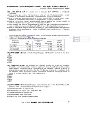 Contabilidade Tópicos Avançados – Aula 03 – AVALIAÇÃO DE INVESTIMENTOS -I
                                                   Professores: Francisco Velter & Luiz Roberto Missagia

18) (AFRF-2002-2-Esaf) De acordo com a Instrução CVM 247/1996 é considerada
   controlada:
a) uma empresa que participa indiretamente de outra com até 10% do capital total e o valor
   contábil do investimento não excede a 5% do patrimônio líquido da investidora.
b) uma empresa que participa diretamente da outra com até 10% do capital total e o valor
   contábil do investimento não excede a 5% do patrimônio líquido da investidora.
c) filial ou escritório no exterior, sempre que os ativos e passivos não estejam incluídos na
   contabilidade da investidora, por força de legislação específica.
d) uma empresa que participa indiretamente da outra com até 5% do capital preferencial e o
   valor contábil do investimento não excede a 8% do patrimônio líquido da investidora.
e) filial ou agência de investida localizada no país cuja participação societária da investidora
   seja de até 5% do capital votante e o valor contábil do investimento é inferior a 10% do seu
   patrimônio líquido.


  Utilizando as informações contidas no quadro de composição acionária das companhias,
  responder às questões de nº 19 a 21.                                                                     Excluído: 58
  (Quadro de composição Acionária - quantidade de ações)                                                   Excluído: 6
                                       Investidores
        Empresas                                                     Total de                              Excluído: 5
                            Cia.             Cia.        Outro(s)
        Investidas                                                    Ações
                         Itararé         Itacolomi    Acionista(s)
   Cia. Itajubá             80.000          90.000        30.000     200.000
   Cia. Itaipu             195.000          90.000        15.000     300.000
   Cia. Itamaracá           40.000              .....     10.000      50.000
   Cia. Itacolomi          120.000             .....      30.000     150.000

19) (AFRF-2002-2-Esaf) O percentual de participação indireta da Cia. Itararé na Cia. Itaipu
   é:
a) 20%
b) 24%
c) 30%
d) 34%
e) 52%

20) (AFRF-2002-2-Esaf) As empresas em questão formam um grupo de empresas,
   localizadas em diversos estados brasileiros e possuem como atividade principal a extração,
   beneficiamento, industrialização e comercialização de mármores, granitos e pedras de
   diversos tipos; sua empresa holding é a Cia. ITA. Se essa empresa é a investidora direta
   das empresas Itararé e Itacolomi, indique o percentual máximo de participação direta, no
   capital da empresa Itacolomi, que a Cia. Ita poderia ter:
a) 100%
b) 88%
c) 52%
d) 40%
e) 20%

21) (AFRF-2002-2-Esaf) Se a participação societária da Cia. Ita na Cia. Itacolomi for de 20%
   do capital total, a participação dessa empresa na Cia. Itajubá é:
a) considerada indireta no valor de 45%.
b) nula porque a Cia. Itajubá não é ligada à Cia. lta.
c) considerada direta no valor de 20%.
d) evidenciada em notas explicativas.
e) nula por não haver relação direta entre elas.



                     INICIATIVA: PONTO DOS CONCURSOS                                                 39
 