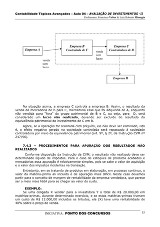 Contabilidade Tópicos Avançados – Aula 04 – AVALIAÇÃO DE INVESTIMENTOS -II
                                             Professores: Francisco Velter & Luiz Roberto Missagia




                                   Empresa B                         Empresa C
      Empresa A                  Controlada de C                  Controladora de B
                                                       venda
                                                       com
                                                       lucro
                  venda
                  com
                  lucro


                                                                      Empresa D




     Na situação acima, a empresa C controla a empresa B. Assim, o resultado da
venda da mercadoria de B para C, mercadoria essa que foi adquirida de A, enquanto
não vendida para “fora” do grupo patrimonial de B e C, ou seja, para D, será
considerado um lucro não realizado, devendo ser excluído do resultado da
equivalência patrimonial do investimento de C em B.
     Agora, se a operação for realizada com prejuízo, ele não deve ser eliminado, isto
é, o efeito negativo gerado na sociedade controlada será repassado à sociedade
controladora por meio da equivalência patrimonial (art. 9º, § 2º, da Instrução CVM nº
247/96).

    7.4.3 – PROCEDIMENTOS PARA APURAÇÃO DOS RESULTADOS NÃO
REALIZADOS
       Conforme disposição da Instrução da CVM, o resultado não realizado deve ser
determinado líquido de impostos. Para o caso de estoques de produtos acabados e
mercadorias essa apuração é relativamente simples, pois se sabe o valor de aquisição
e o valor dos impostos incidentes na transação.
      Entretanto, em se tratando de produtos em elaboração, em processo contínuo, o
valor da matéria-prima ali incluído é de apuração mais difícil. Neste caso devemos
partir para o conceito de margem de rentabilidade da empresa vendedora, que parece
ser o meio mais hábil para se chegar ao valor do custo.

      EXEMPLO:
    Se uma coligada X vender para a investidora Y o total de R$ 20.000,00 em
matérias-primas, durante determinado exercício, e se estas matérias-primas tiveram
um custo de R$ 12.000,00 incluídos os tributos, ela (X) teve uma rentabilidade de
40% sobre o preço de venda.


                   INICIATIVA: PONTO DOS CONCURSOS                                             15
 