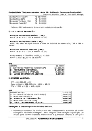 Contabilidade Tópicos Avançados – Aula 09 – Análise das Demonstrações Contábeis
                                        Professores: Francisco Velter & Luiz Roberto Missagia
 Custos Variáveis (CV)        R$ 22.000,00
 Custos Fixos (CF)            R$ 8.000,00
 Despesas Variáveis (DV)      R$ 4.000,00
 Despesas Fixas (DF)          R$ 5.000,00

  Elabore a DRE pelo custeio direto e pelo custeio por absorção:

i) CUSTEIO POR ABSORÇÃO:

 Custo de Produção do Período (CPP):
 CPP = CF + CV = 22.000 + 8.000 = 30.000

  Custo da Produção Acabada (CPA):
  Como não havia estoques iniciais e finais de produtos em elaboração, CPA = CPP =
30.000

 Custo dos Produtos Vendidos (CPP):
 CPP = CF + CV = 22.000 + 8.000 = 30.000

 Custo Unitário = $30.000 / 10.000,00 = $3,00
 CPV = 7.000 x $3,00 = $ 21.000,00


DRE
 VENDAS                                                  35.000,00
 (-) CUSTO DOS PRODUTOS VENDIDOS (*)                   (21.000,00)
 (=) RESULTADO INDUSTRIAL                               14.000,00
 (-) DESPESAS FIXAS E VARIÁVEIS                         (9.000,00)
 (=) LUCRO OPERACIONAL LÍQUIDO                           5.000,00

ii) CUSTEIO VARIÁVEL:

  CPP = $22.000,00 = CV
  Custo Unitário = $22.000,00 / 10.000 = $2,20
  CPV = 7.000 x $2,20 = $15.400,00

DRE
 VENDAS BRUTAS                                                   35.000,00
 (-) CUSTO DOS PRODUTOS VENDIDOS (*)                           (15.400,00)
 (-) DESPESAS VARIÁVEIS                                         (4.000,00)
 (=) MARGEM DE CONTRIBUIÇÃO                                     15.600,00
 (-) DESPESAS E CUSTOS FIXOS                                   (13.000,00)
 (=) LUCRO OPERACIONAL LÍQUIDO                                   2.600,00

Vantagens e Desvantagens do Custeio Variável

  1) Impede que aumentos de produção que não correspondam a aumentos de vendas
     distorçam o resultado (vantagem). Basta imaginar uma elevação na produção (de
     10.000 para 16.000 unidades), mantendo-se a quantidade vendida, e ver que o

                    INICIATIVA: PONTO DOS CONCURSOS                                       32
 