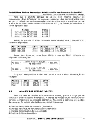 Contabilidade Tópicos Avançados – Aula 09 – Análise das Demonstrações Contábeis
                                    Professores: Francisco Velter & Luiz Roberto Missagia
      Para que o analista coloque os valores num mesmo patamar de
comparação, deve inflacionar os números absolutos das demonstrações mais
antigas ou deflacionar as demonstrações mais recentes. Assim, considerando que
a inflação de 2004 incidiu sobre a inflação de 2003, os índices inflacionários a
serem aplicados são:

                Período                  Índice
        01/01/2002 a 31/12/2002          1,0000
        01/01/2003 a 31/12/2003          1,0500
        01/01/1998 a 31/12/1998          1,1130

      Assim, os valores do Ativo Circulante deflacionados para o ano de 2002
seriam os seguintes;

      Ano    Nominal          Índice     Cálculo         Real
      2003   424.860          1,0500     424.860/1,050   404.628,57
      2004   524.000          1,1130     524.000/1.113   470.799,64

     Agora sim, tomando como base 100% o ano de 2002, teríamos as
seguintes comparações:

                        100% X R$ 404.628,57
      AC-2003 =                                   = 139.04%
                           R$ 291.000,00

                        100% X R$ 470.799,64
      AC-2004 =                                   = 161,78%
                           R$ 291.000,00

      O quadro comparativo abaixo nos permite uma melhor visualização da
situação:

      Análise         2002       2003      2004
      Nominal        100,00     146,00    180,00
      Real           100,00     139,04    161,78


3.3             ANÁLISE POR MEIO DE ÍNDICES

      Tem por base as relações existentes entre contas, grupos e subgrupos de
contas das Demonstrações Financeiras. A análise de índices é fundamental para o
perfeito conhecimento da situação econômica, financeira e estrutura de capitais
da empresa. Os índices são divididos nos seguintes grupos:

a)   Índices   de   Liquidez ou Solvência (financeiro);
b)   Índices   de   Estrutura de Capitais (endividamento);
c)   Índices   de   Rentabilidade (econômico);
d)   Índices   de   Rotação ou Giro.


                         INICIATIVA: PONTO DOS CONCURSOS                               6
 