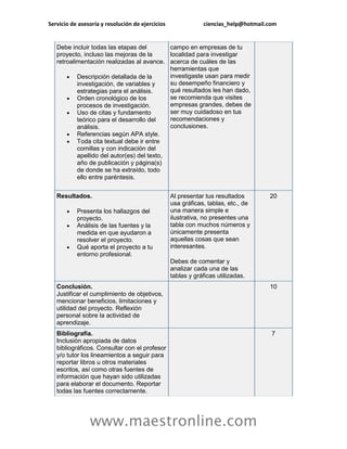 Servicio de asesoría y resolución de ejercicios               ciencias_help@hotmail.com


   Debe incluir todas las etapas del         campo en empresas de tu
   proyecto, incluso las mejoras de la       localidad para investigar
   retroalimentación realizadas al avance. acerca de cuáles de las
                                             herramientas que
        Descripción detallada de la         investigaste usan para medir
           investigación, de variables y     su desempeño financiero y
           estrategias para el análisis.     qué resultados les han dado,
        Orden cronológico de los            se recomienda que visites
           procesos de investigación.        empresas grandes, debes de
        Uso de citas y fundamento           ser muy cuidadoso en tus
           teórico para el desarrollo del    recomendaciones y
           análisis.                         conclusiones.
        Referencias según APA style.
        Toda cita textual debe ir entre
           comillas y con indicación del
           apellido del autor(es) del texto,
           año de publicación y página(s)
           de donde se ha extraído, todo
           ello entre paréntesis.


   Resultados.                                    Al presentar tus resultados       20
                                                  usa gráficas, tablas, etc., de
          Presenta los hallazgos del             una manera simple e
           proyecto.                              ilustrativa, no presentes una
          Análisis de las fuentes y la           tabla con muchos números y
           medida en que ayudaron a               únicamente presenta
           resolver el proyecto.                  aquellas cosas que sean
          Qué aporta el proyecto a tu            interesantes.
           entorno profesional.
                                                  Debes de comentar y
                                                  analizar cada una de las
                                                  tablas y gráficas utilizadas.
   Conclusión.                                                                      10
   Justificar el cumplimiento de objetivos,
   mencionar beneficios, limitaciones y
   utilidad del proyecto. Reflexión
   personal sobre la actividad de
   aprendizaje.
   Bibliografía.                                                                     7
   Inclusión apropiada de datos
   bibliográficos. Consultar con el profesor
   y/o tutor los lineamientos a seguir para
   reportar libros u otros materiales
   escritos, así como otras fuentes de
   información que hayan sido utilizadas
   para elaborar el documento. Reportar
   todas las fuentes correctamente.




                www.maestronline.com
 