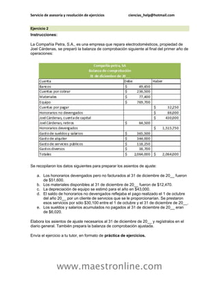 Servicio de asesoría y resolución de ejercicios          ciencias_help@hotmail.com


Ejercicio 2
Instrucciones:

La Compañía Petra, S.A., es una empresa que repara electrodomésticos, propiedad de
Joel Cárdenas, se preparó la balanza de comprobación siguiente al final del primer año de
operaciones:




Se recopilaron los datos siguientes para preparar los asientos de ajuste:

    a. Los honorarios devengados pero no facturados al 31 de diciembre de 20__ fueron
       de $51,600.
    b. Los materiales disponibles al 31 de diciembre de 20__ fueron de $12,470.
    c. La depreciación de equipo se estimó para el año en $43,000.
    d. El saldo de honorarios no devengados reflejaba el pago realizado el 1 de octubre
       del año 20__ por un cliente de servicios que se le proporcionarían. Se prestaron
       esos servicios por sólo $30,100 entre el 1 de octubre y el 31 de diciembre de 20__.
    e. Los sueldos y salarios acumulados no pagados al 31 de diciembre de 20__ eran
       de $6,020.

Elabora los asientos de ajuste necesarios al 31 de diciembre de 20__ y regístralos en el
diario general. También prepara la balanza de comprobación ajustada.

Envía el ejercicio a tu tutor, en formato de práctica de ejercicios.




                www.maestronline.com
 