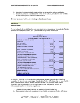 Servicio de asesoría y resolución de ejercicios           ciencias_help@hotmail.com



    b. Muestra el registro contable para registrar la venta de los activos detallados.
    c. Calcula la ganancia o pérdida en la venta de los activos, si hubieran sido vendidos
       en ese mismo precio al término de su vida útil.

Envía el ejercicio a tu tutor, formato de práctica de ejercicios.

Ejercicio 8
Instrucciones:

A un practicante de contabilidad le asignaron de emergencia elaborar el estado de flujo de
efectivo de la empresa Mazaz, S.A., presentando la siguiente información.




El contador confirmó los movimientos que incluye el reporte financiero y corroboró la
veracidad de los mismos, excepto por el saldo del efectivo al final del año, ya que el saldo
de la cuenta Bancos al inicio del año era de $282,800 y no coincide con el estado
financiero que le presentaron, por lo que sospecha que pueda tener errores de
interpretación de los movimientos reportados.

    1. Lista los errores que encuentres en el estado de flujo de efectivo.
    2. Elabóralo correctamente para determinar el saldo correcto de efectivo al final del



                www.maestronline.com
 