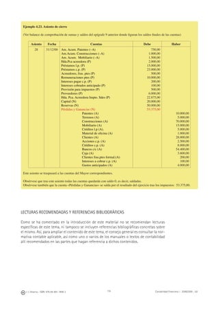 116J. J. Alcarria - ISBN: 978-84-691-1809-2 Contabilidad Financiera I - 2008/2009 - UJI
Ejemplo 4.23. Asiento de cierre
(Ver balance de comprobación de sumas y saldos del epígrafe 9 anterior donde ﬁguran los saldos ﬁnales de las cuentas)
Asiento Fecha Cuentas Debe Haber
28 31/12/00 Am. Acum. Patentes (–A)
Am.Acum. Construcciones (–A)
Am. Acum. Mobiliario (–A)
Hda.Pca acreedora (P)
Préstamos l.p. (P)
Préstamos c.p. (P)
Acreedores, fras. ptes (P)
Remuneraciones ptes (P)
Intereses pagar c.p. (P)
Intereses cobrados anticipado (P)
Provisión para impuestos (P)
Proveedores (P)
Hda. Pca. Acreedora Impto. Sdes (P)
Capital (N)
Reservas (N)
Pérdidas y Ganancias (N)
Patentes (A)
Terrenos (A)
Construcciones (A)
Mobiliario (A)
Créditos l.p (A).
Material de oﬁcina (A)
Clientes (A)
Acciones c.p. (A)
Créditos c.p. (A)
Bancos c/c (A)
Caja (A)
Clientes fras.ptes formal.(A)
Intereses a cobrar c.p. (A)
Gastos anticipados (A)
750,00
1.000,00
1.500,00
2.000,00
15.000,00
23.000,00
500,00
10.000,00
200,00
100,00
500,00
6.000,00
22.875,00
20.000,00
50.000,00
53.375,00
10.000,00
5.000,00
70.000,00
15.000,00
5.000,00
1.000,00
28.000,00
2.500,00
8.000,00
54.400,00
3.600,00
200,00
100,00
4.000,00
Este asiento se traspasará a las cuentas del Mayor correspondientes.
Obsérvese que tras este asiento todas las cuentas quedarán con saldo 0, es decir, saldadas.
Obsérvese también que la cuenta «Pérdidas y Ganancias» se salda por el resultado del ejercicio tras los impuestos: 53.375,00.
LECTURAS RECOMENDADAS Y REFERENCIAS BIBLIOGRÁFICAS
Como se ha comentado en la introducción de este material no se recomiendan lecturas
especíﬁcas de este tema, ni tampoco se incluyen referencias bibliográﬁcas concretas sobre
el mismo. Así, para ampliar el contenido de este tema, el consejo general es consultar la nor-
mativa contable aplicable, así como uno o varios de los manuales o textos de contabilidad
allí recomendados en las partes que hagan referencia a dichos contenidos.
 