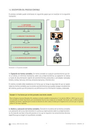 J. J. Alcarria - ISBN: 978-84-691-1809-2 Contabilidad Financiera I - 2008/2009 - UJI11
1.2. DESCRIPCIÓN DEL PROCESO CONTABLE
El proceso contable puede sintetizarse en siguientes pasos que se muestran en la siguiente
ilustración:
Ilustración 1.3. El proceso contable
1. Captación de hechos contables. Un hecho contable es cualquier acontecimiento que tie-
ne un efecto, en términos monetarios, sobre una unidad económica. La captación se realiza
a través de documentación soporte de acontecimientos producidos o actividades realizadas
(tickets, recibos, facturas, nóminas, extractos bancarios, informes etc.).
El sistema contable debe establecerse de forma que se tenga la seguridad de que se captan
todos los hechos contables, que no existen acontecimientos que puedan escapar a la detección
del sistema, puesto que ello producirá una deﬁciencia en la información tratada y elaborada.
2. Análisis y valoración de hechos contables. Consiste en el análisis de los hechos contables
y la valoración de lo ocurrido teniendo en cuenta sus repercusiones sobre la unidad económi-
ca. Se trata de una fase crítica del proceso en la cual se requieren los conocimientos técnicos
especíﬁcos que se exigen en la profesión contable.
Ejemplo 1.1. Una factura por servicios prestados como hecho contable
Para la Empresa Asesores Reunidos SL constituye un hecho contable la facturación el 1 de abril de 2000 de 1.000 € por los servi-
cios prestados al cliente Juan García, por asesoramiento ﬁscal en una compra de un inmueble. Este hecho, que se deberá justiﬁcar
mediante una factura, supondrá para la misma un derecho de cobro contra el cliente por el importe de los servicios que se esperaba
cobrar el 5 de mayo siguiente.
 