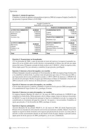 124J. J. Alcarria - ISBN: 978-84-691-1809-2 Contabilidad Financiera I - 2008/2009 - UJI
Ejercicios
Ejercicio 1. Asiento de apertura
Contabilice el asiento de apertura correspondiente al ejercicio 2000 de la empresa Forjados Castellón SA
que presenta el siguiente balance a 01/01/2000.
Forjados Castellón SA
BALANCE a 01 de enero de 00
ACTIVO PASIVO Y PATRIMONIO NETO
ACTIVO NO CORRIENTE
Local comercial
Mobiliario
Vehículos
Acciones a l.p.
40.000,00
20.000,00
5.000,00
6.000,00
9.000,00
30.000,00
12.000,00
6.000,00
4.000.00
8.000,00
PATRIMONIO NETO 15.000,00
10.000,00
5.000,00
20.000,00
20.000,00
35.000,00
23.000,00
5.000,00
4.000,00
3.000,00
Capital
Resevas
PASIVO NO CORRIENTE
Préstamos a l.p.
ACTIVO CORRIENTE
Mercancías
Clientes
Créditos a c.p.
Efectivo
PASIVO CORRIENTE
Proveedores
Acreedores diversos
Hacienda Pública Acreedora
Préstamos a c.p.
Total 70.000,00 Total 70.000,00
Ejercicio 2. Transacciones no formalizadas
A 31 de diciembre de 2000, y antes de proceder al cierre del ejercicio, la empresa Laminados me-
tálicos SL no ha recibido aún el recibo eléctrico correspondiente al último mes del año por algún
retraso del correo. El importe estimado de dicho recibo es de 2.300,00 €. ¿Debe la empresa conta-
bilizar algún ajuste? En caso aﬁrmativo contabilice lo que proceda y justifíquelo.
Ejercicio 3. Intereses a favor devengados y no vencidos
El Banco Santander concedió un préstamo el 10 de diciembre de 2000 a la empresa Viajes Exóticos SA
y lo contabilizó en dicha fecha. La primer cuota del préstamo que vence el 10 de enero de 2001, y
que lógicamente aún no está contabilizada asciende a 1.400 € (400 € de intereses y 1.000,00 € de
devolución del principal). Realice el ajuste que deberá hacer el Banco de Santander a ﬁnal del año
2000 en relación con los intereses de dicho préstamo y justiﬁque el mismo.
Ejercicio 4. Intereses en contra devengados y no vencidos
Con los datos del ejercicio 2 anterior, contabilice el ajuste de ﬁn de ejercicio 2000 correspondiente
a la contabilidad de Viajes Exóticos SL y justiﬁque el mismo
Ejercicio 5. Intereses en contra devengados y no vencidos
La empresa Juguetes Martínez SL obtuvo el 1 de mayo de 2000 un préstamo de 10.000,00 € que
contabilizó en dicha fecha. Dicho préstamo sólo le obliga a pagar cuotas de intereses trimestrales
de 600,00 € ya que la devolución del principal se hará en su totalidad en un año. La empresa ha
contabilizado en el momento del pago las cuotas de 1 de agosto y 1 de noviembre. Contabilice el
ajuste que proceda a 31 de diciembre de 2000 y justiﬁque el mismo.
Ejercicio 6. Ingresos anticipados
Asesores Reunidos SL ha cobrado 500,00 €, el 1 de marzo de 2000, del cliente Supermercados
Romero SA en concepto de cuota anual de servicio de asesoramiento contable, laboral y ﬁscal. Este
importe se registró en dicho momento como ingresos por prestación de servicios. La cuota cubre el
derecho a recibir asesoramiento durante un año desde la fecha de pago. Indique si procede realizar
algún ajuste de ﬁn de ejercicio de 2000, justifíquelo y, en su caso, contabilícelo.
 